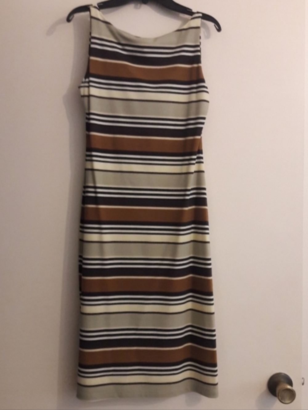 Striped Sleeveless Midi Dress in Brown and Cream. 94% nylon and 6% lycra.